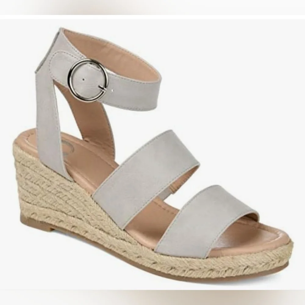 Cream/ Beige Espadrille Wedge Sandals with Adjustable Ankle Strap, Size 6.5